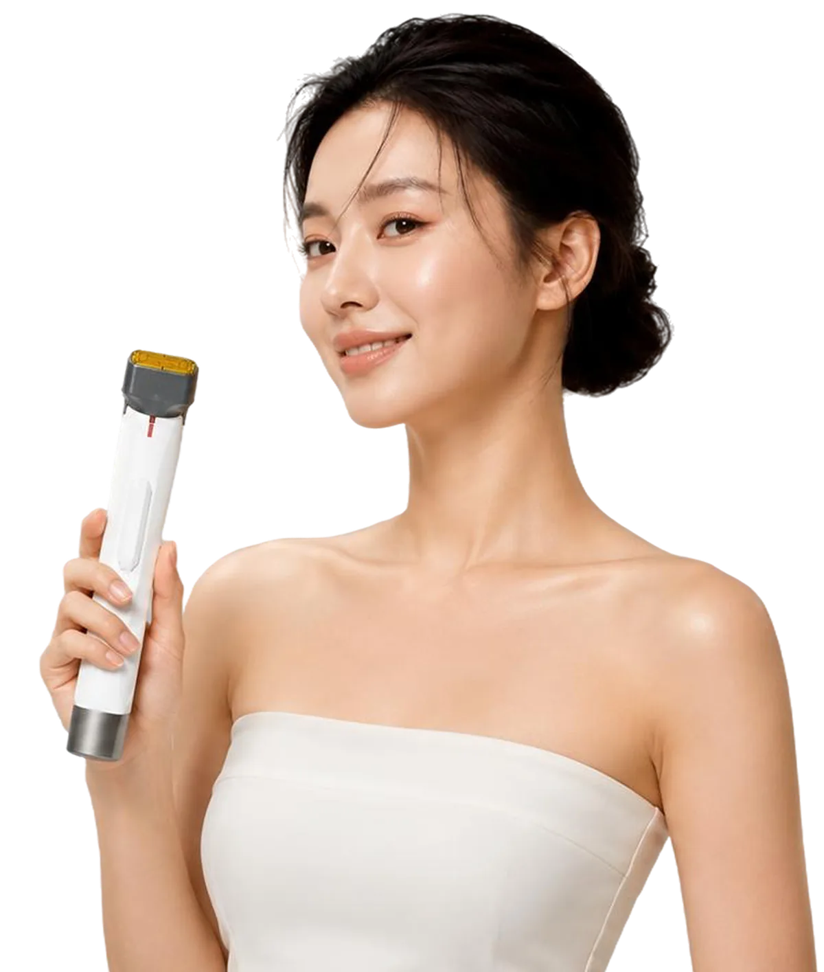 The XERF handpiece held against a woman's cheek