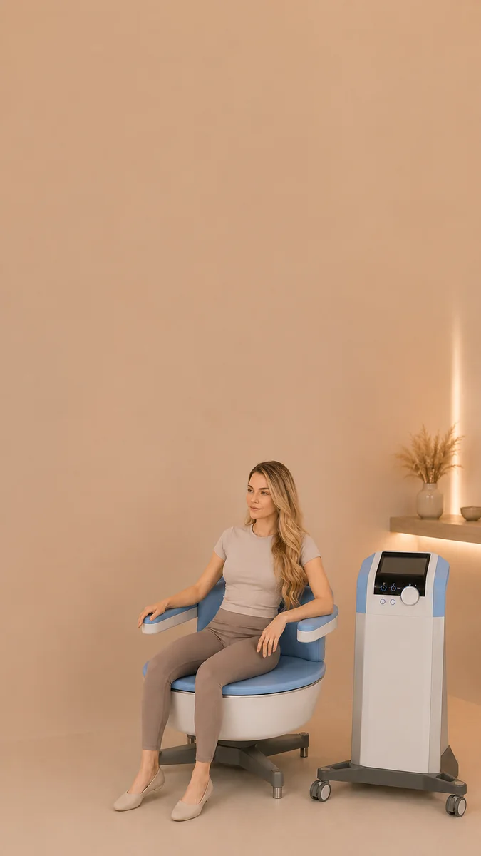 A woman seated, fully clothed, on the Emsella chair at WO/MAN Luxe Med Spa