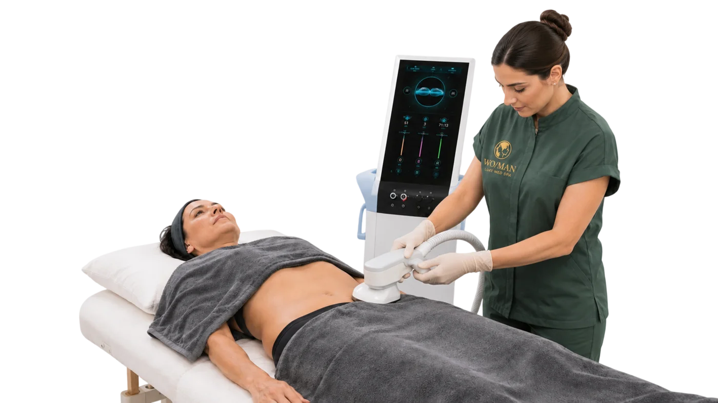 A WO/MAN specialist treating a client's abdomen with a body handpiece