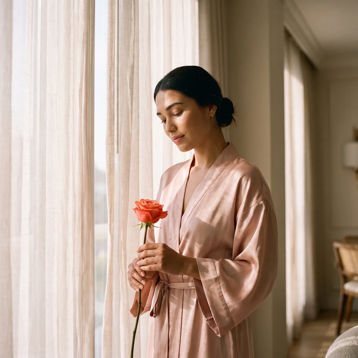 A woman in a blush silk robe by a tall window with sheer curtains, holding a single coral rose