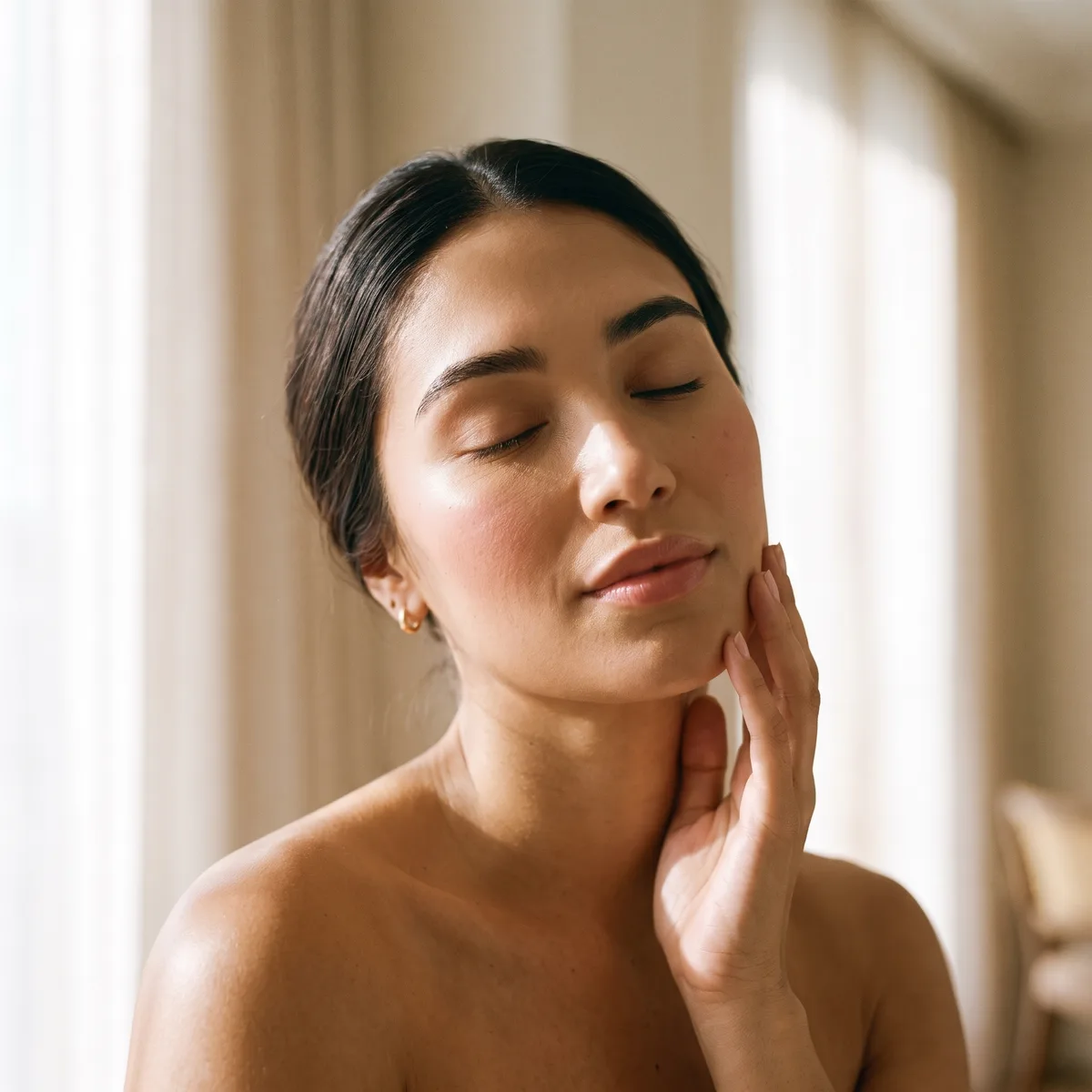 A serene close portrait of a woman with calm, redness-free skin, hand resting on her cheek