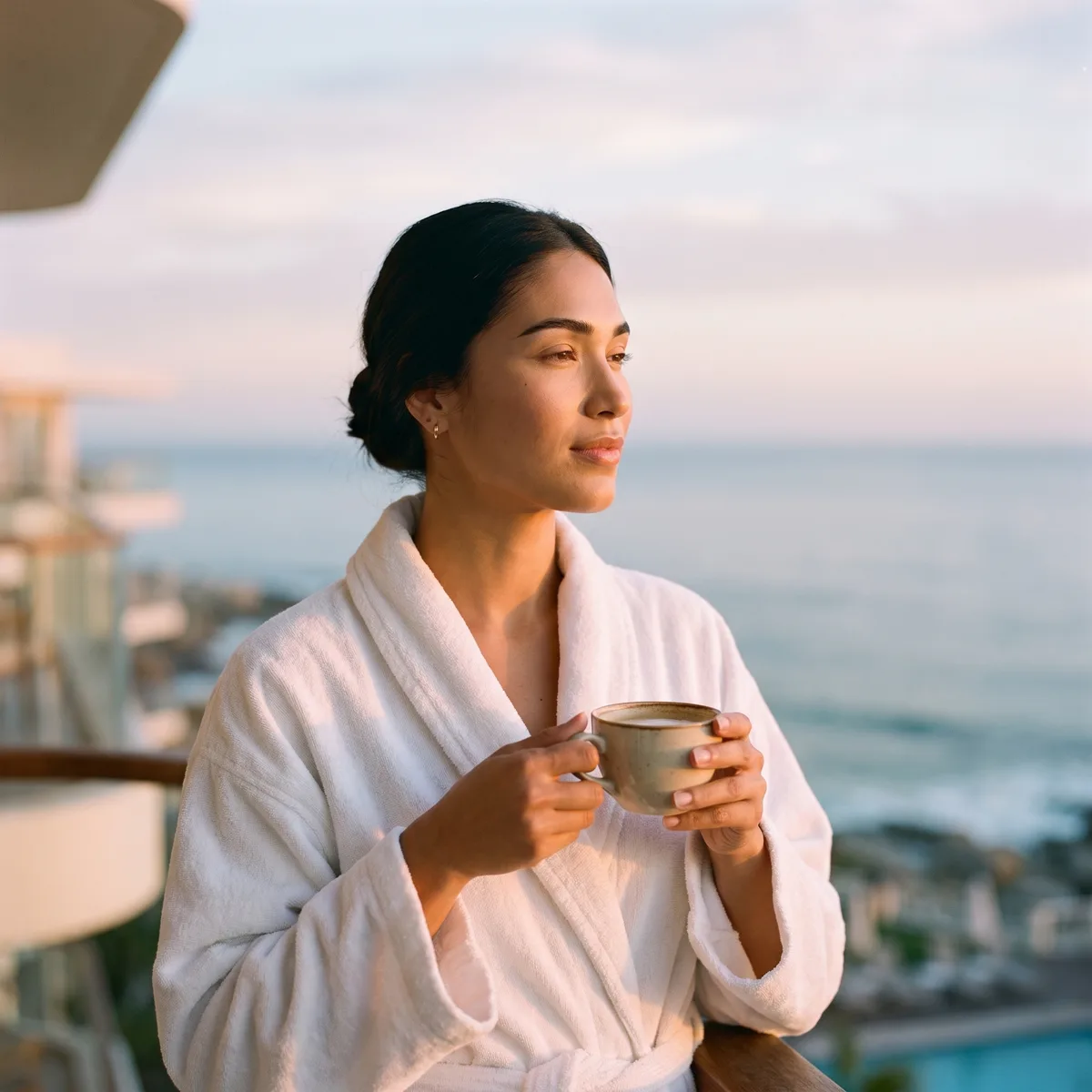 A woman in a white hotel robe on a balcony at dawn holding a cup of coffee, serene and confident