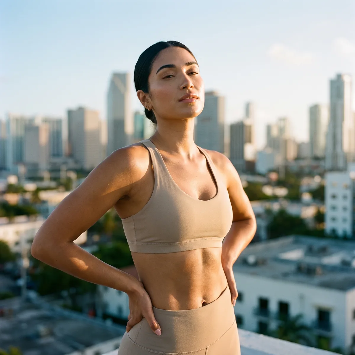 A woman on a rooftop at sunrise in sand-colored activewear, hands on hips, toned and confident