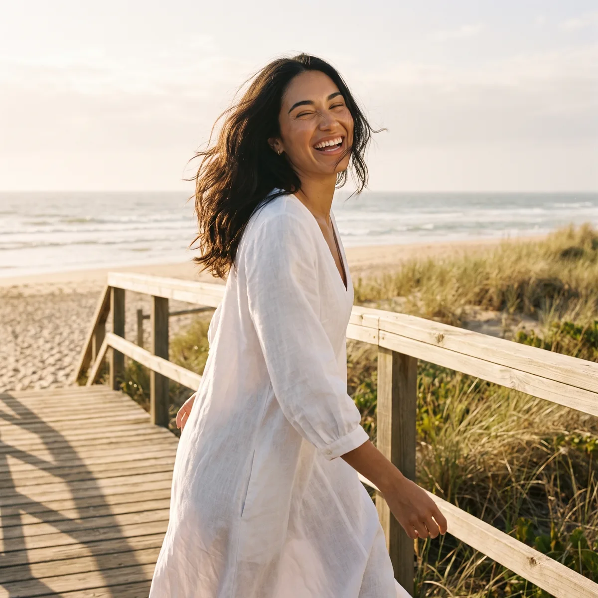 A woman laughing freely mid-stride on a beach boardwalk in a white linen dress