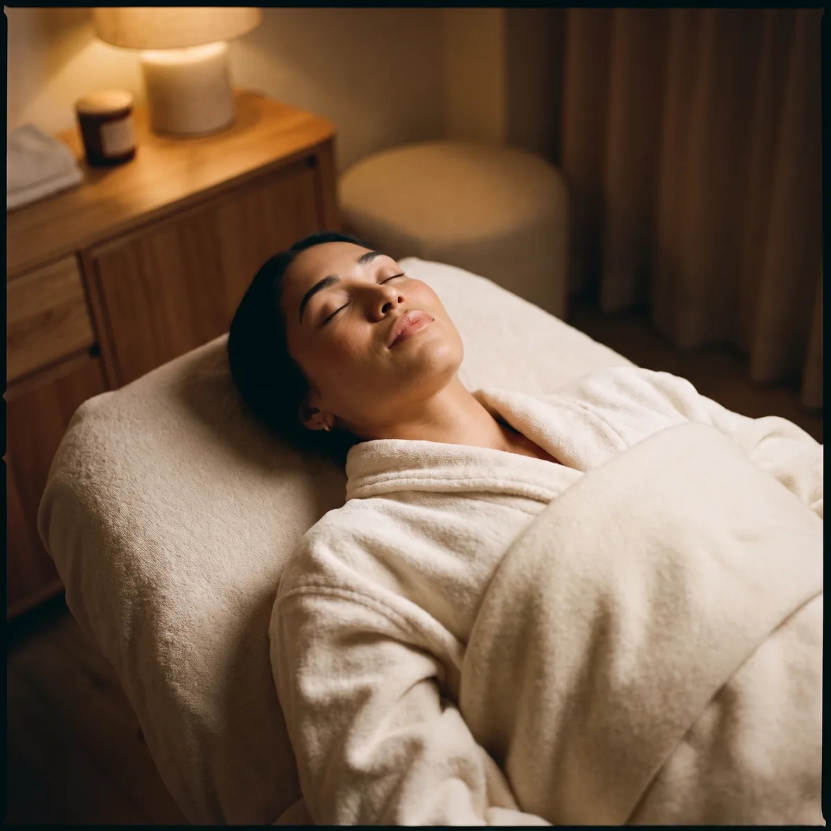 A woman lying on a treatment bed in an ivory robe, eyes closed, completely relaxed in warm lamp light