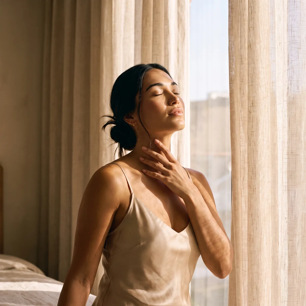 A woman in a champagne silk slip touching her smooth neck and décolleté in soft window light