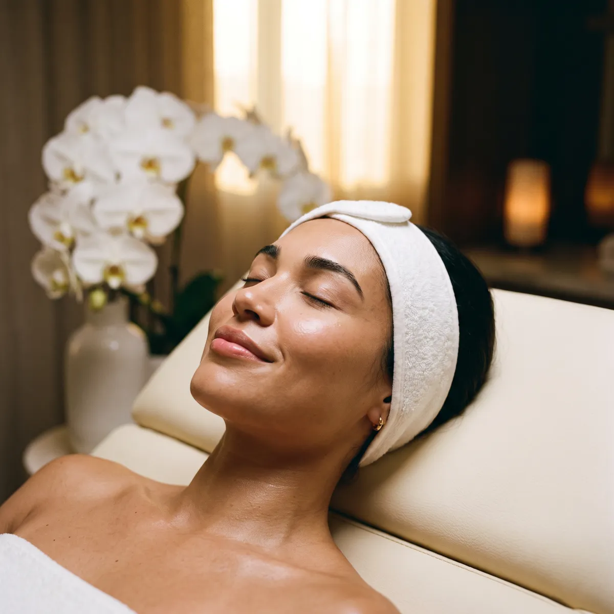 A woman lying back on a treatment bed with a white headband, eyes closed, her skin dewy and luminous after a facial
