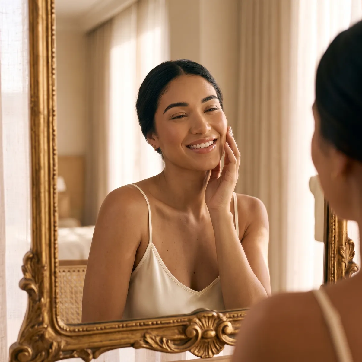 A woman at a gilded vanity mirror with naturally full lips and defined cheekbones