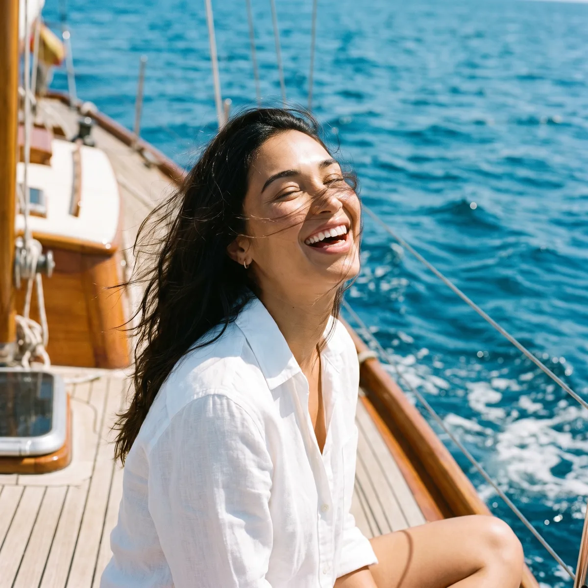 A woman laughing on the deck of a sailboat with wind in her hair, radiant and vital