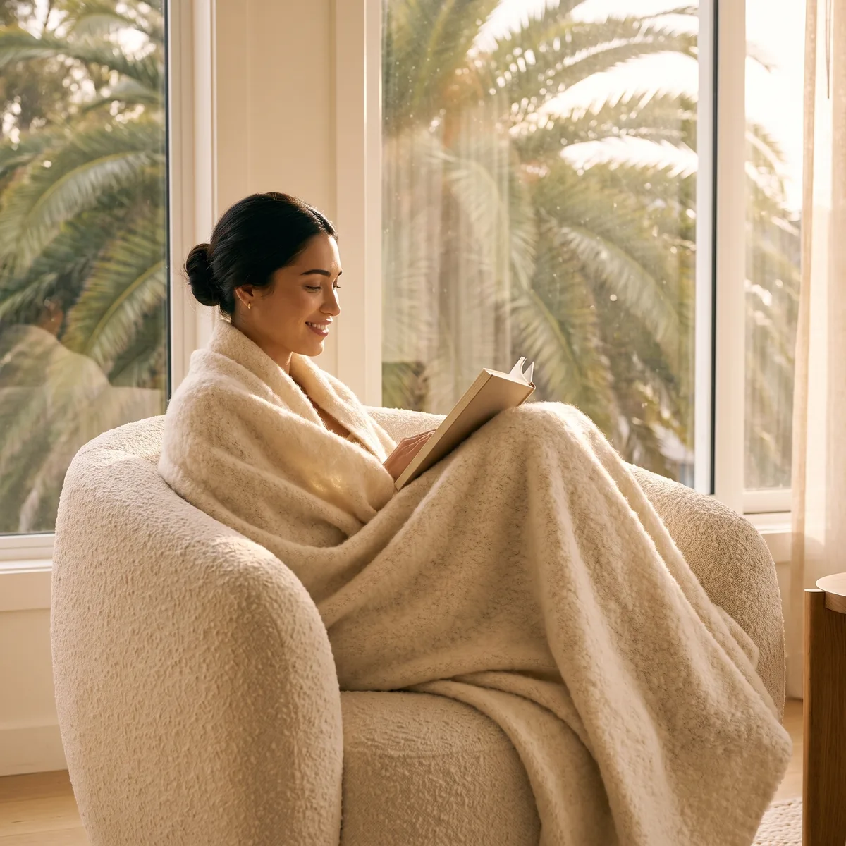 A woman curled up in a cream armchair with a blanket and a book in a bright private room
