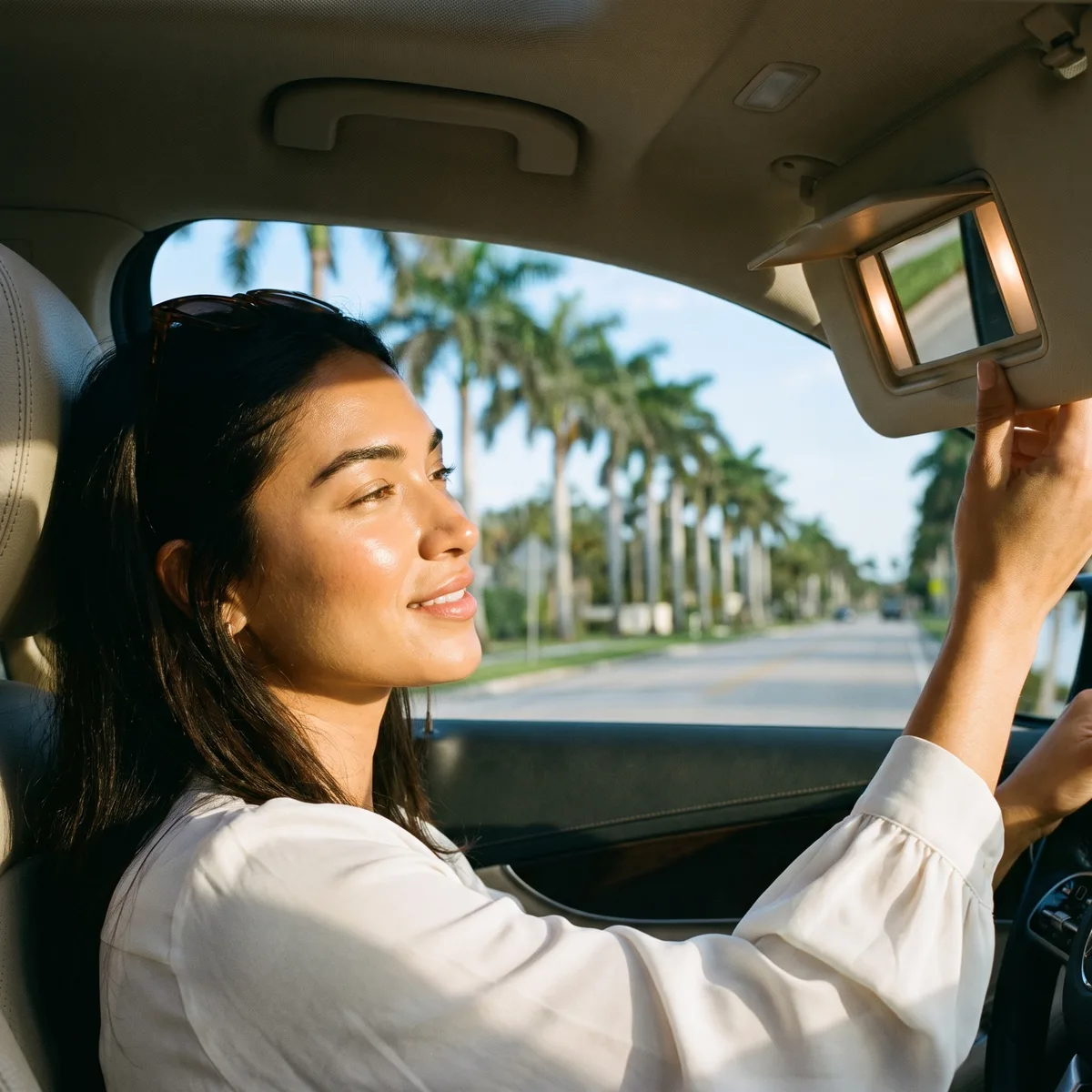 A woman in a white blouse checking her glowing skin in a car visor mirror on a palm-lined street