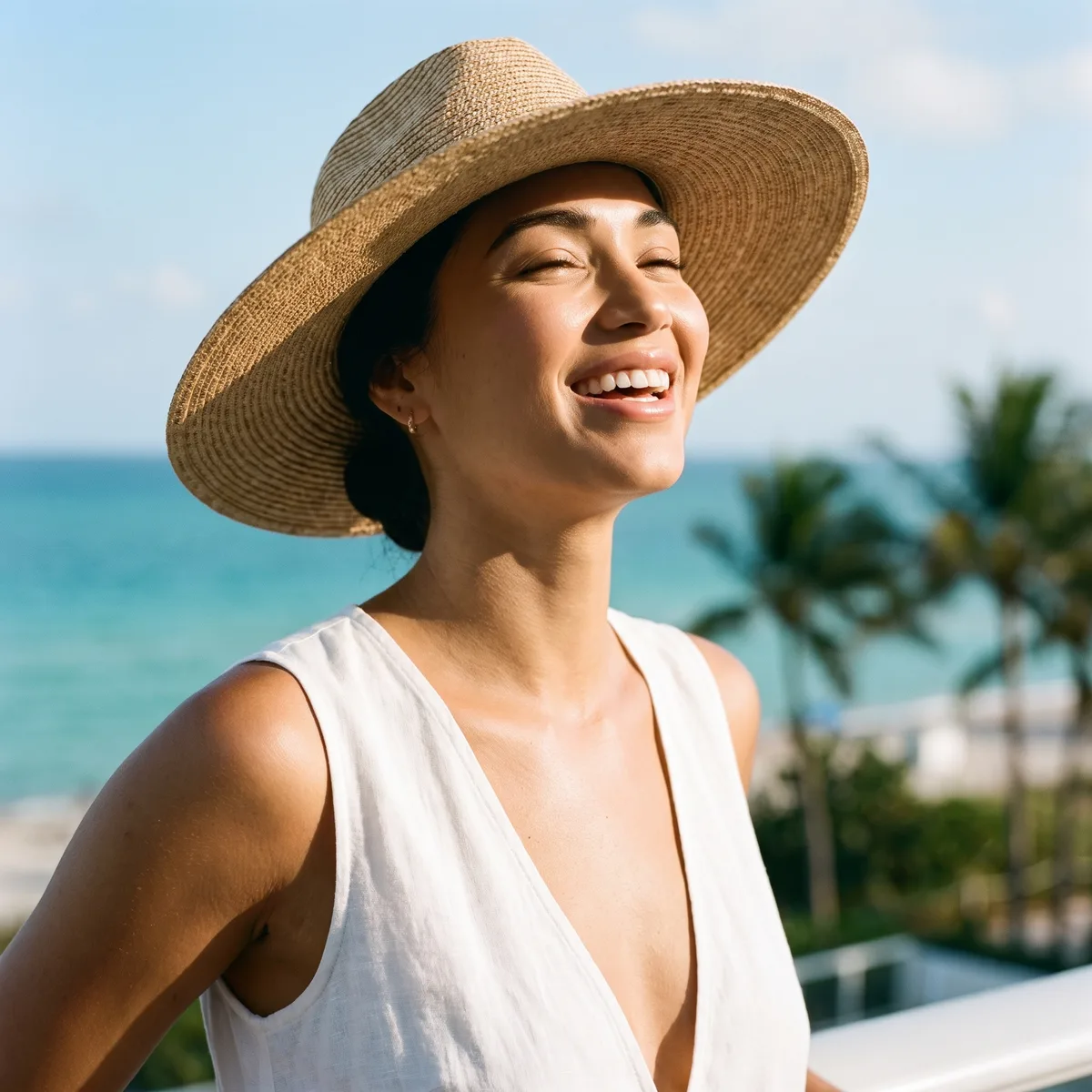 A woman on a sunlit terrace in a wide straw hat, its shadow across clear even skin