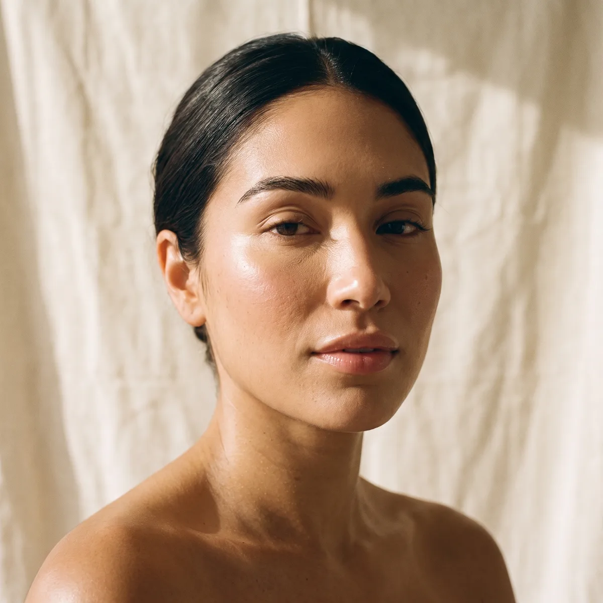 A close beauty portrait of a woman with dewy, refined skin in side window light