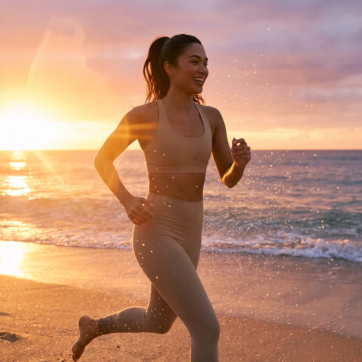 A woman on a morning run along the beach at sunrise, full of energy, sea spray and golden light
