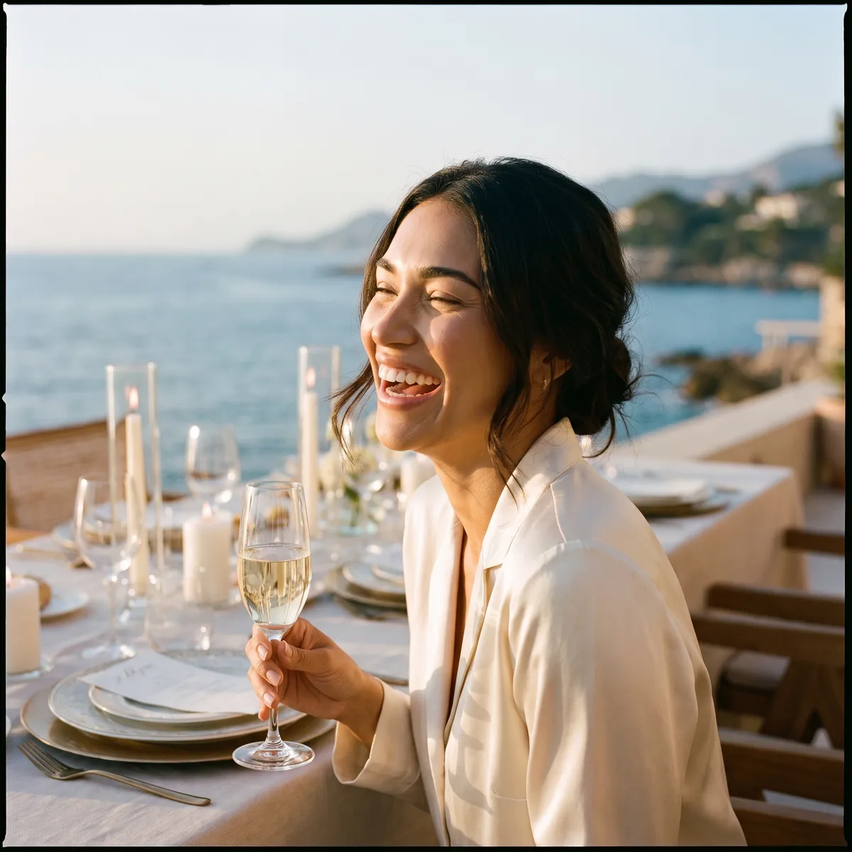 A woman laughing at a candlelit dinner table at golden hour, her face smooth and natural