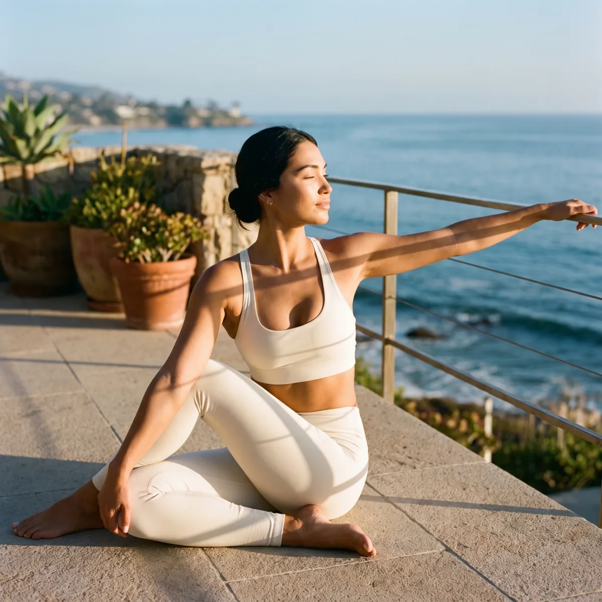 A woman doing a calm yoga stretch on a sunlit terrace above the ocean in ivory activewear