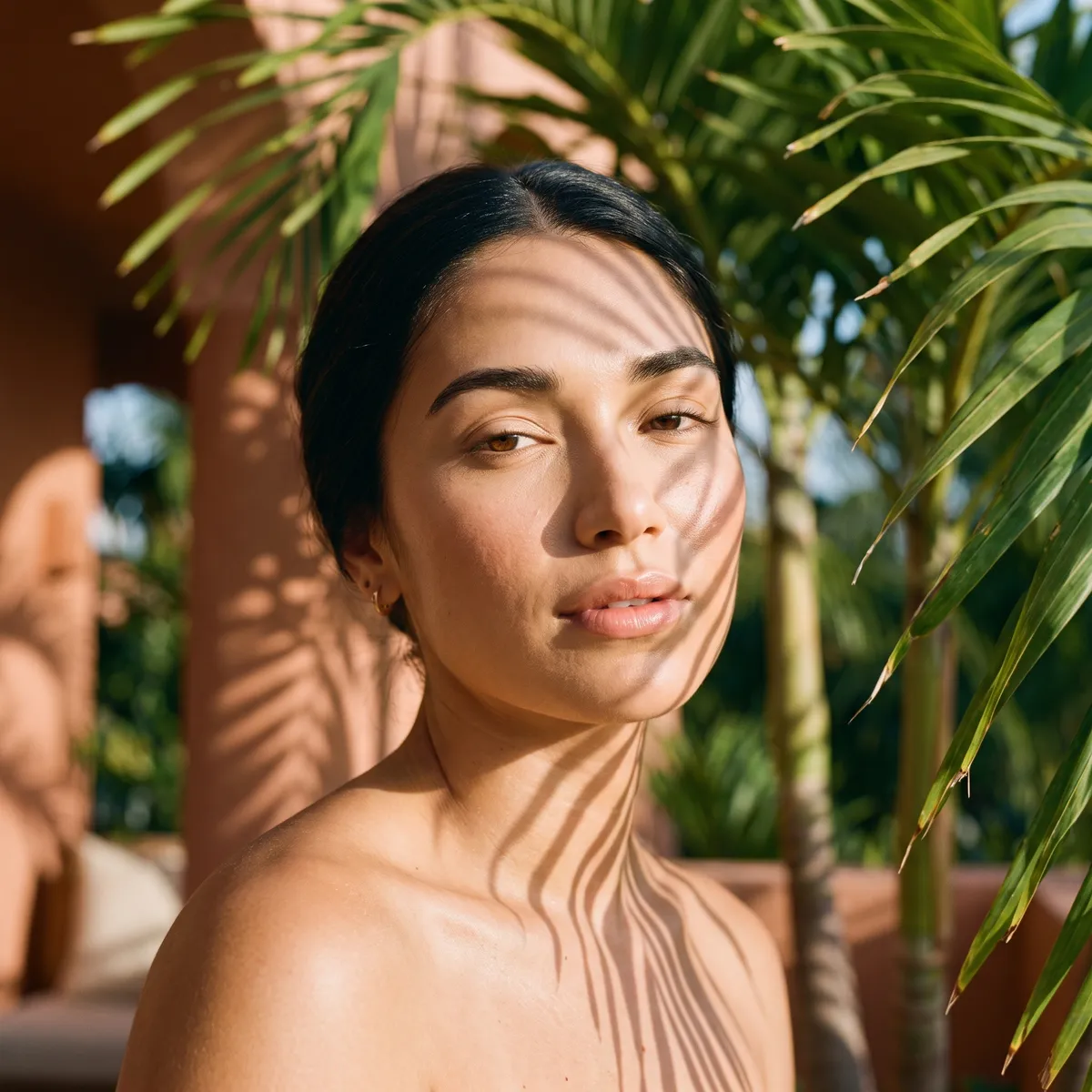 A woman on a sunny terrace with leaf shadows across her clear, even skin