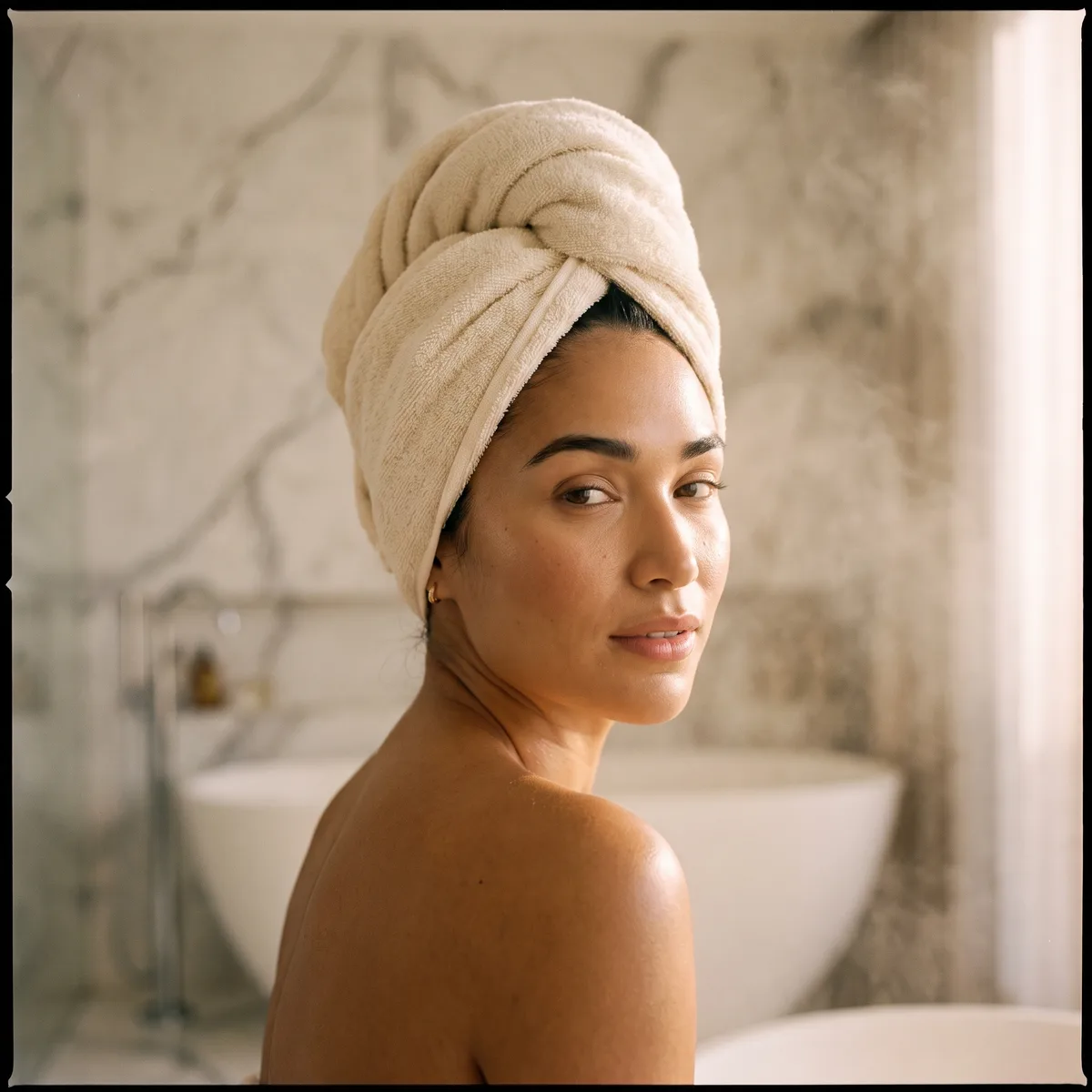A woman with her hair in a cream towel and glowing smooth skin looking over her shoulder in a marble bathroom