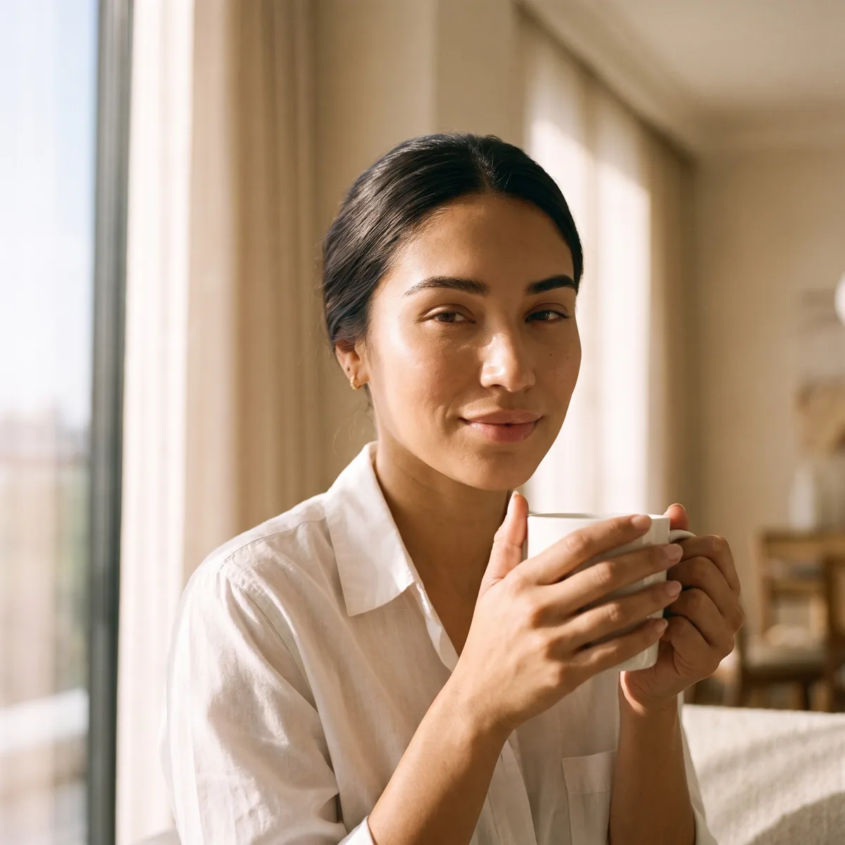A woman with bare, calm, even-toned skin holding a white cup by a bright window