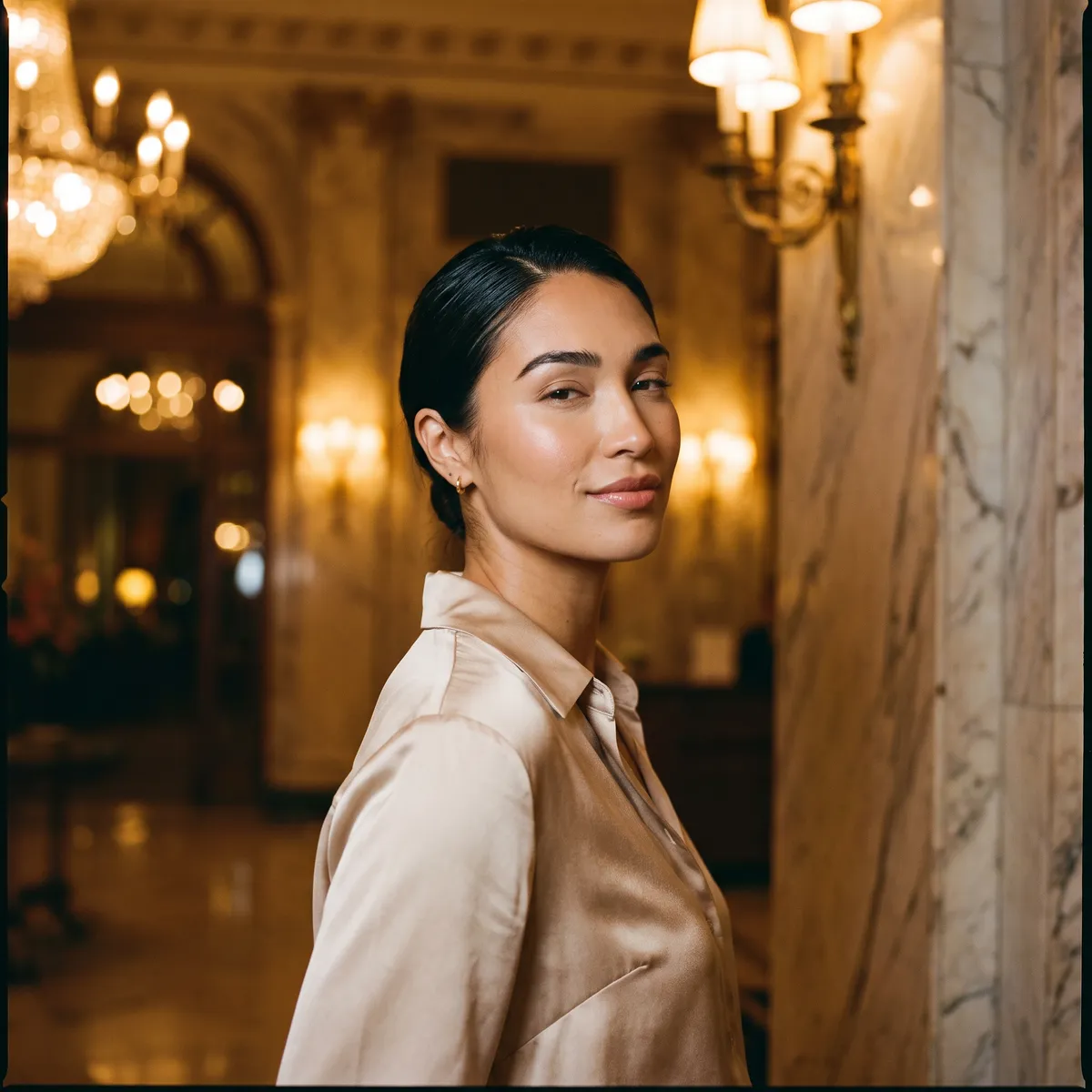 A woman with slicked-back hair in a marble hotel lobby, lifted cheekbones and a smooth contour from cheek to jaw