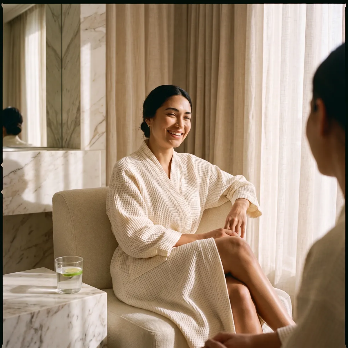 A woman in an ivory robe on a cream armchair in a bright private room, smiling at someone off camera