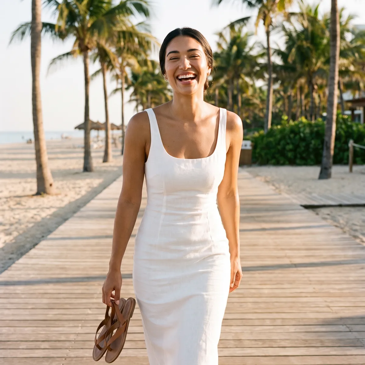 A woman in a white linen dress walking along a beach boardwalk, sandals in hand, light and energetic