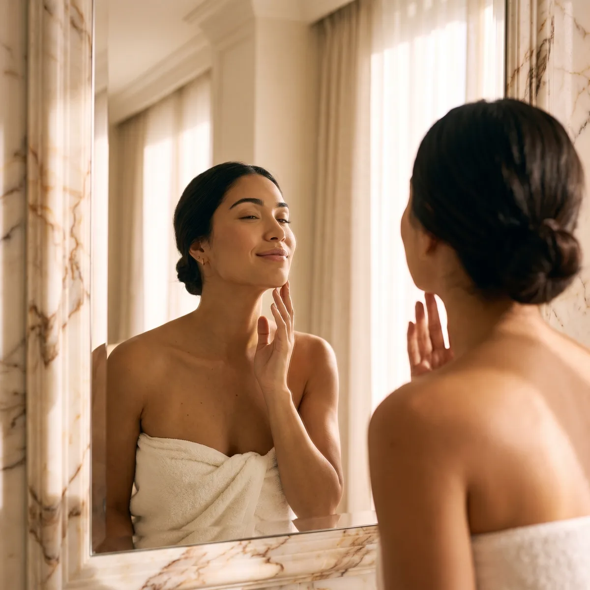 A woman lifting her chin toward a marble mirror in morning light, fingertips along a firm jawline