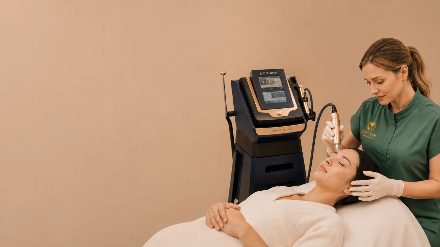 A WO/MAN specialist treating a client's face with the SylfirmX handpiece