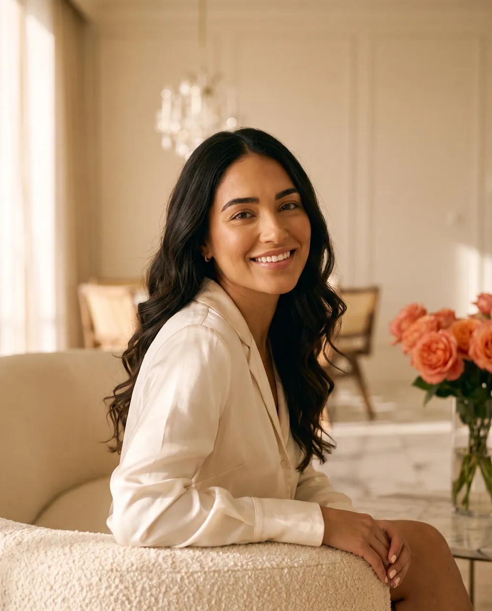 A smiling woman in an ivory silk blouse in a bright lounge with coral roses